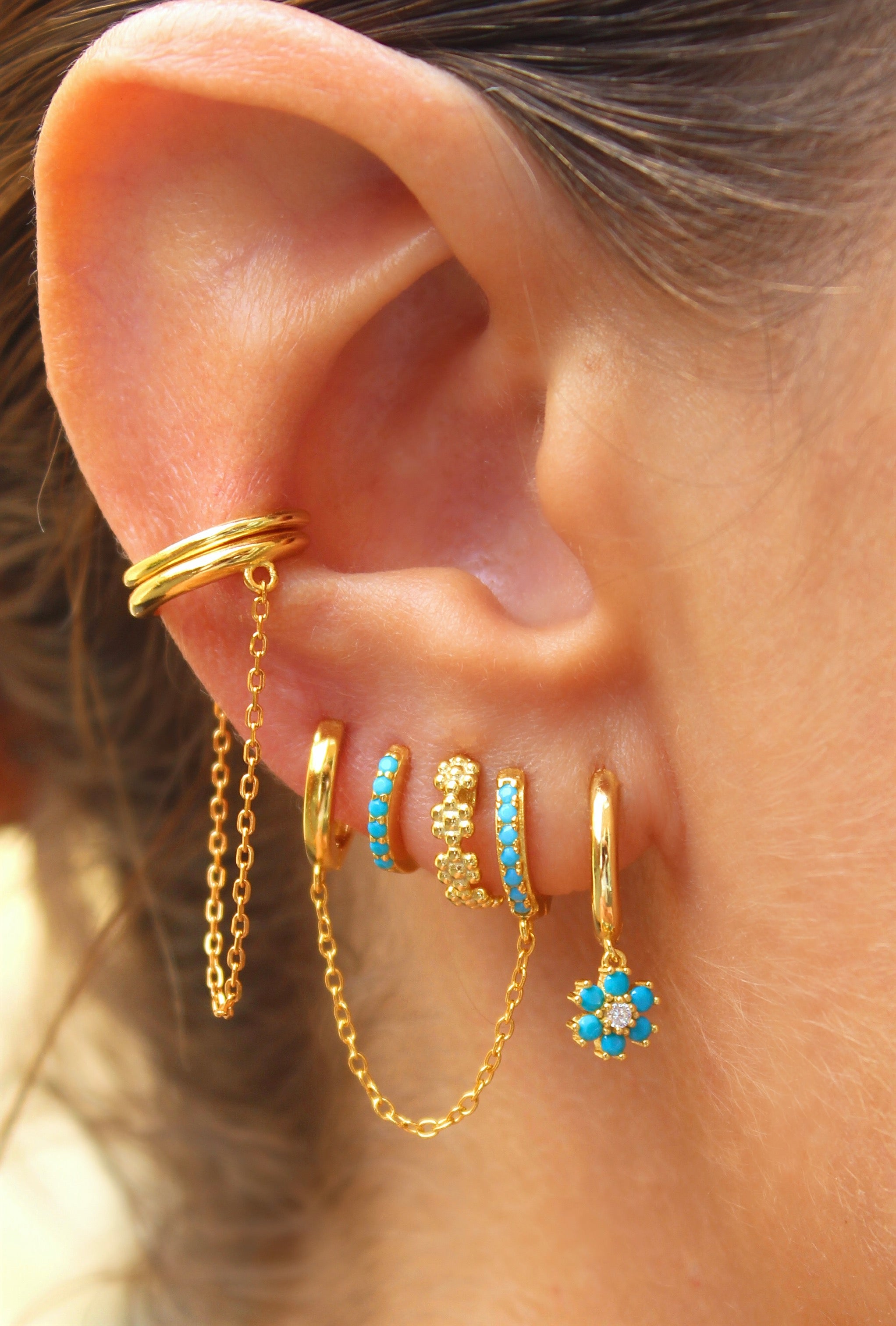 Chain Connected Gold Turquoise Double Hoops Earring