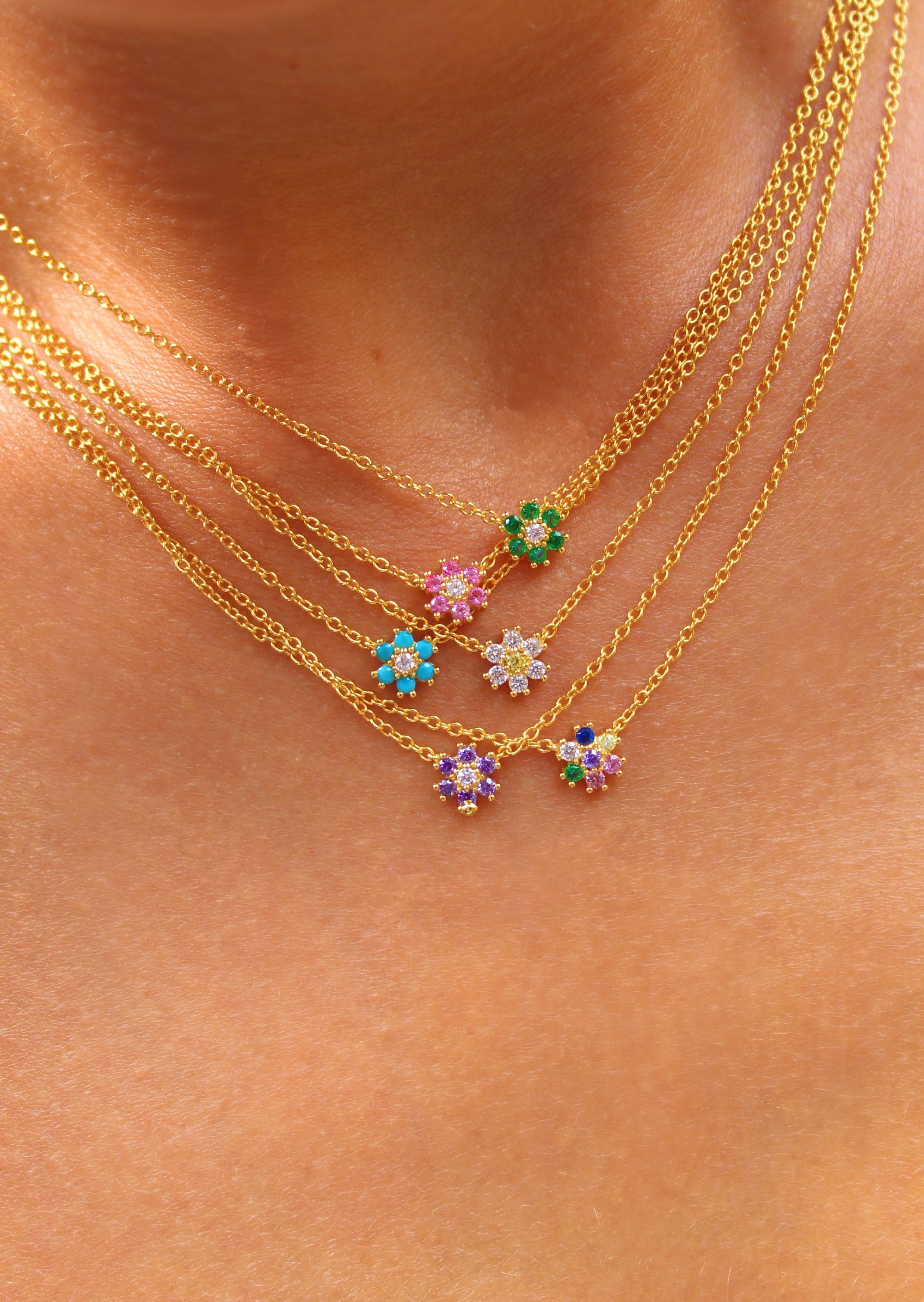 Multi CZ Daisy Flower Gold Necklace