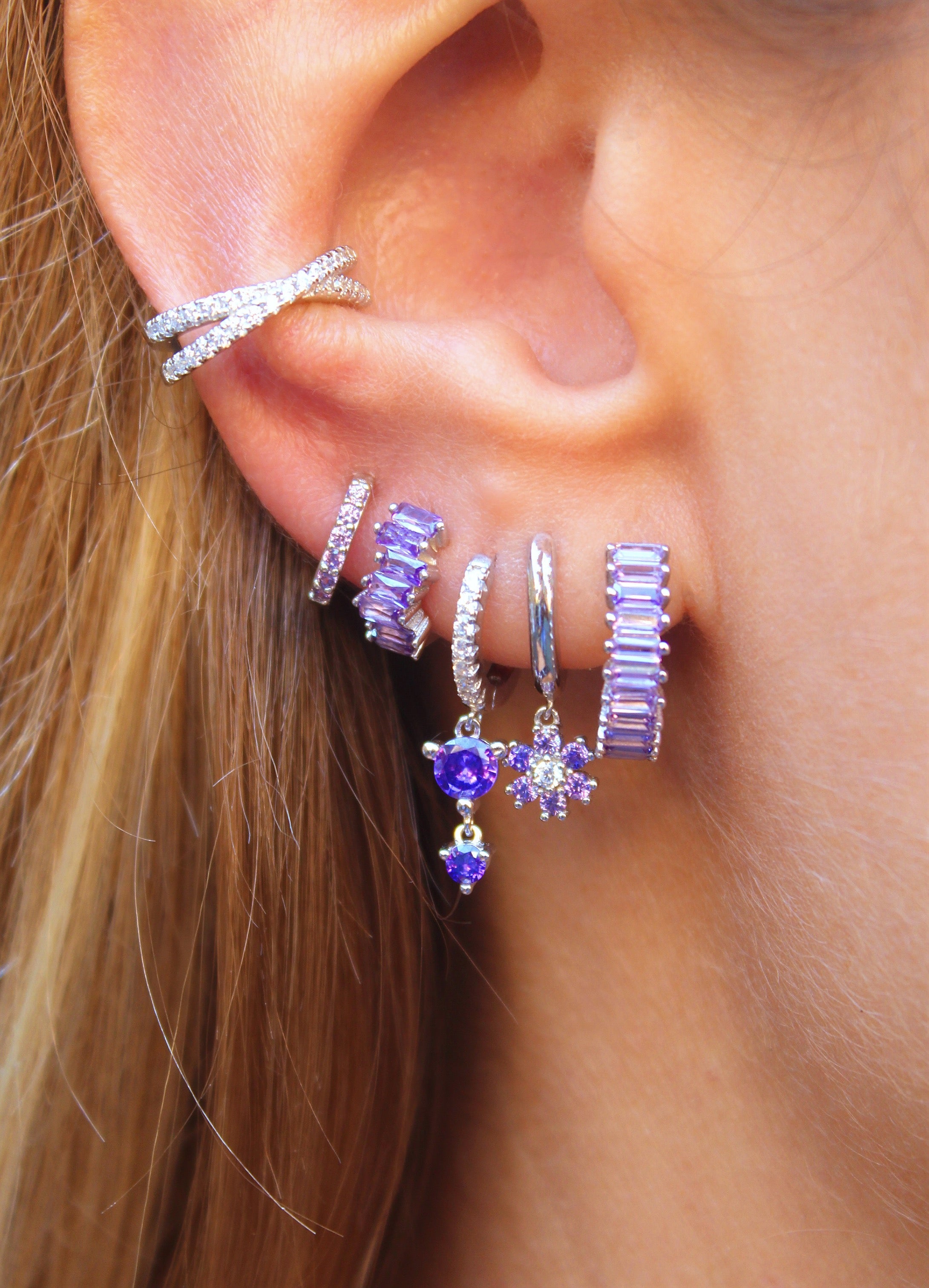 Baguette Crystal CZ Earrings Violet Silver