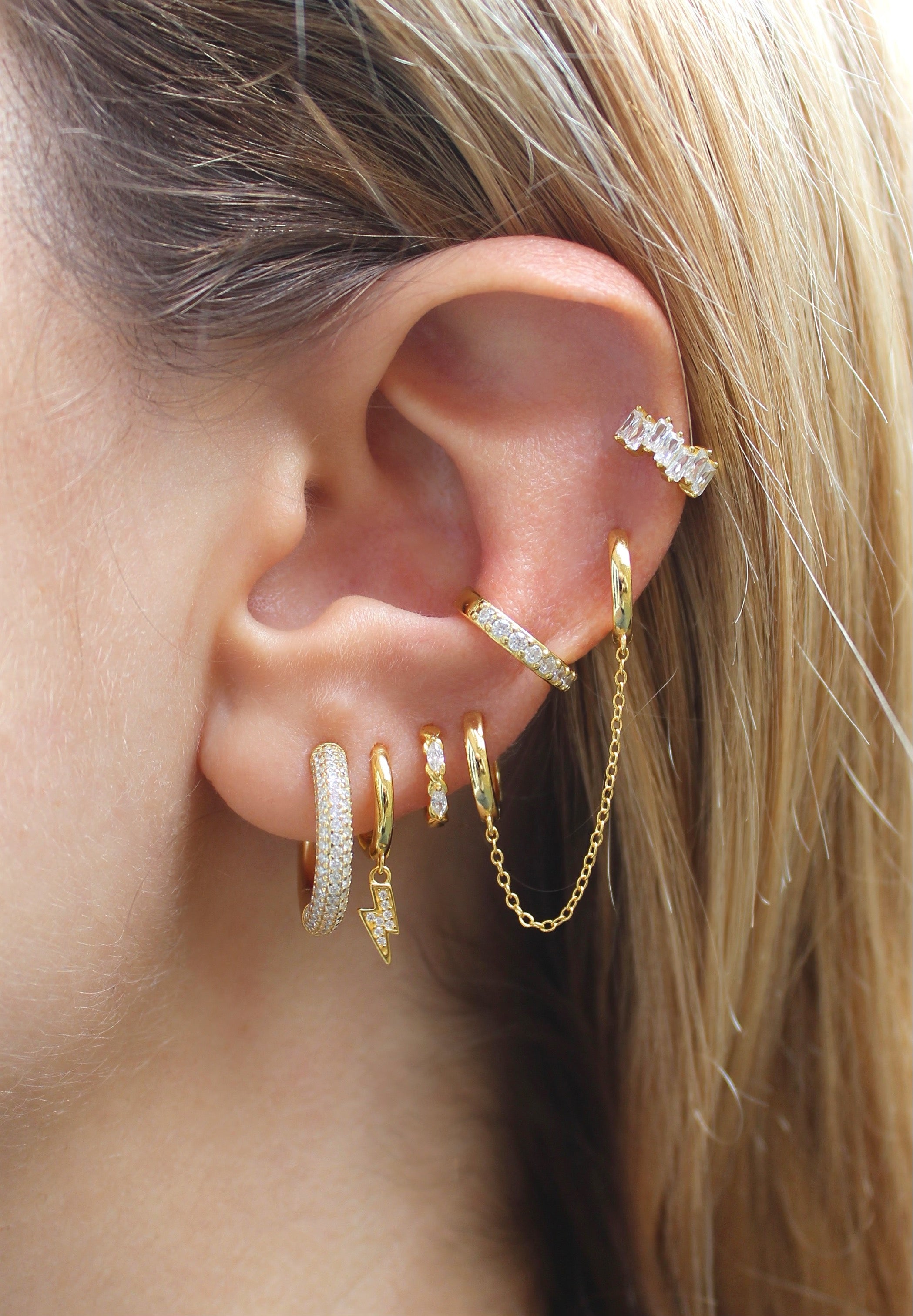 Chain Connected Gold Double Hoop Earring