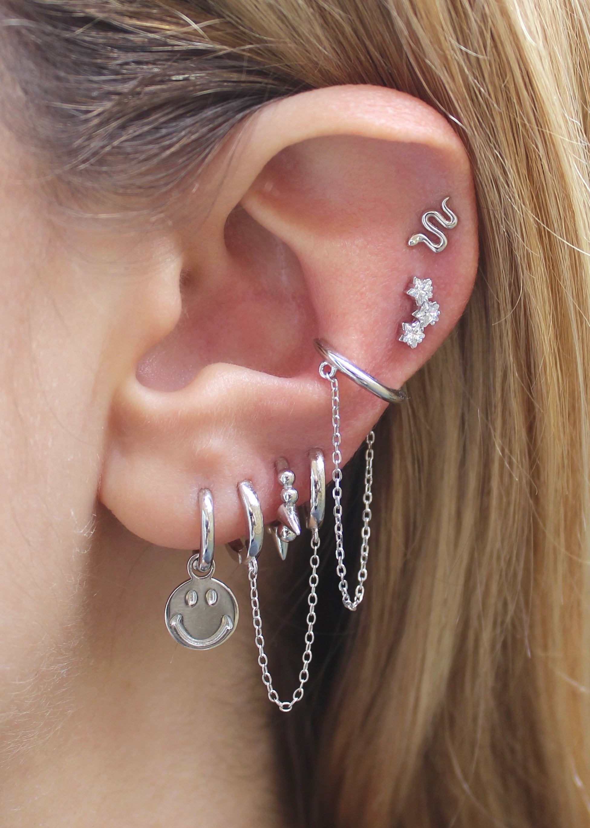 Chain Connected Silver Double Hoop Earring